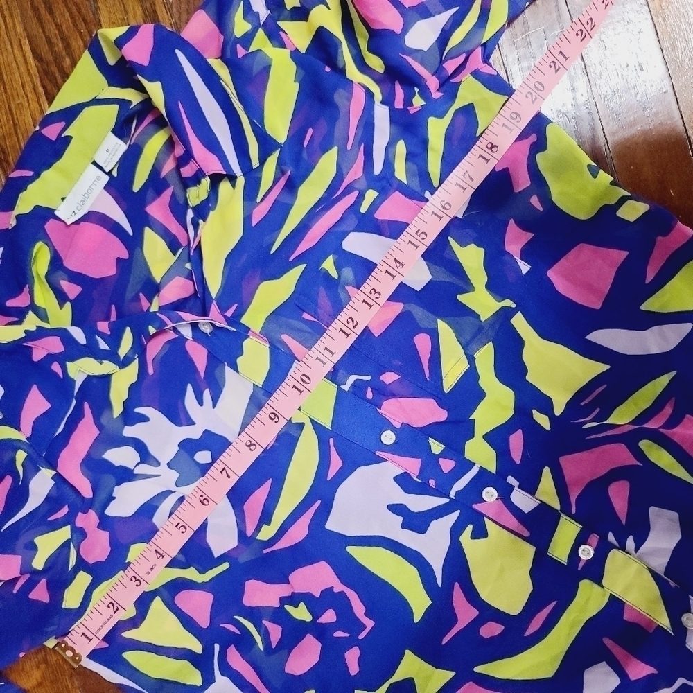 Neon Colorful Geometric Liz Claiborne Blouse Medium Career Semi Sheer - Picture 9 of 14
